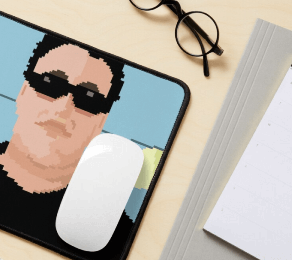 A picture of a mouse pad sold on the ugs redbuddle that has a pixelart of the main singer of Smash Mouth